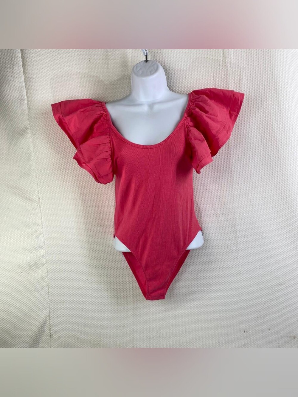 ZARA Pink Ruffle Sleeve Ribbed Bodysuit Size L Flutter Sleeve Scoop Neck Top